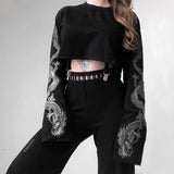 Patcute  Gothic Punk Cool Girl Dragon Pattern T Shirts Long Sleeve Suspenders Crew Neck Black Crop Top Autumn Pullover Women T-Shirt