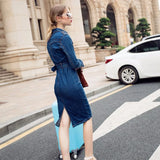 Patcute Denim Dresses For Women Autumn New Long Sleeve Pocket Button Belt Solid Daily Office Lady Elegant Fashion Casual Female Dress