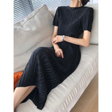 Patcute  Women Elegant Pleated Dress Summer Loose Turtleneck Short Sleeve Long Dress Korean Fashion Party Vestidos Aesthetic Clothing