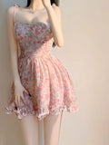 Patcute  Sweet New Pink Sexy Dress Sweet Fresh Style Fragmented Flowers Print Waist Wrapped Slim Student Summer Short Lovely 7DSB