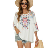 Patcute Boho Vintage White Ethnic Floral Embroidery Blouses Shirts Women Tops Casual V Neck Loose Blouse Summer Beach Blusas