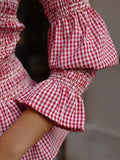 Patcute  2024 New Chic Plaid Print Ruffled Puff Long Sleeves T Shirt Elegant Women O Neck Slim Short Tops Fashion Lady Commute Streetwear