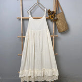 Summer Cotton Spaghetti Straps Sleeveless Midi Dress Mori Girl Elegant Vintage Edwardian Lace Layered Flare White Sun Dress