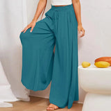 Patcute  Women's Solid Color Trousers Elastic Belt Wide Leg High Waist Long Culottes vetement femme