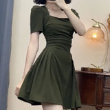 Patcute   Vintage Women Mini Dress Elegant Korean Folds Female Dresses Spring All Match High Waist Ball Gown A Line Dress New