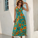 Patcute Tropical Print Dress Female Orange Flowers Vintage Maxi Dress V Neck High Waist Aesthetic Design Boho Beach Long Dresses