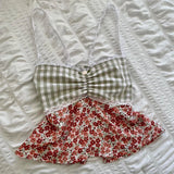 Patcute Plaid Floral Print Milkmaid Tops 00s Retro Coquette Camis Fairycore Y2K Lace Trim Backless Tie Up Crop Tops Chic Cute Mini Vest