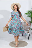 Patcute  Women Summer Chiffon Floral Print Long Dress Short Sleeve Elegant V Neck Elastic Waist Holiday Beach Dress Bohemian Maxi Dress