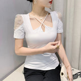 Patcute 2024 New Summer European Clothes T-Shirt Chic Sexy Hollow Out Shiny Shouldered Drill Collar Women Tops Short Sleeve Tees 42014