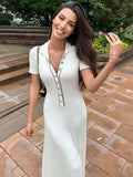 Patcute  White Knit Fashion Maxi Dress For Women Short Sleeve Patchwork Elegant Party Dress Lapel High Waist Knitwear Women's Dress