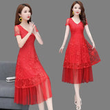 Patcute Elegant V-Neck Solid Color Gauze Spliced Embroidery Lace Dress Women's Clothing 2024 Summer New Loose Office Lady Party Dress