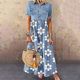 Patcute  New in Formal Occasion Dresses for Women Long Solid Denim Pleated Short Sleeve Shirt Dress vestidos para mujer