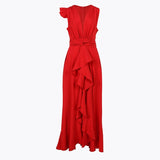 Patcute Women Elegant Red Party Dress 2024 V Neck Sleeveless Ruffle Design Split Up Maxi Prom Dress Women Long Dresses For Women