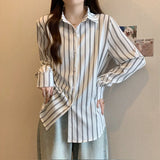 Patcute  Spring Autumn New POLO Collar Fashion Long Sleeve Shirt Women High Street Pure Cotton Button Cardigan Striped Printing Chic Top