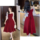 Patcute   Summer Women's French Pearl Collar Midi Dress Korean Ladies Graceful Evening Party Patchwork Red Gown Slim Waist Dresses