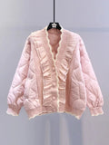 Patcute  Fungus Edge Knit Patchwork Puffer Jacket New Autumn Winter Sweet Kawaii Pink Parkas Single-breasted Thicken Loose Coats