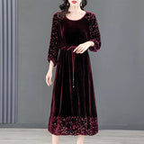 Patcute Women Dress Velvet Big Swing Skirt Dress Floral Pattern O Neck Spring Elegant Long Dress Wedding Female Robe Ladies Vestidos