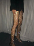 Patcute   Rhinestone Braid Leggings Women Side Slit Hollow Out Fishnet Stockings Party Sexy Girl Club Sparkling Pant Woman 2024 New