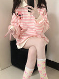 Patcute   Kawaii Pink Striped Sweatshirt Woman Japanese Cute Cartoon Print Autumn Winter Polo Collar Hoodies Soft Girl Pullover