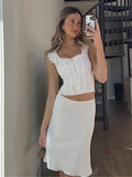 Patcute  White Lace Summer Women Set Sleeveless Crop Top+midi Skirt Outfits 2024 Beach Holiday Chic Vintage Sundress Dress Set