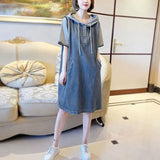 Patcute Korean Hooded Denim Dress Drawstring Stylish Patchwork Summer Short Sleeve Female Clothing Casual All-match Straight Dresses New