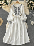 Patcute  New Bohemian Lndie Folk Style Dress Women Embroidery Vintage Waist Cotton and Linen Holiday Dress Women Lace Up Long Dress G01