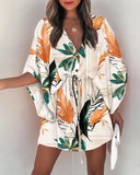 Patcute  Women's Summer Flying Sleeves Sexy V-neck Lace Up Print Beach Dress  Women's Spring Quarter Sleeve Loose Button Mini Dress