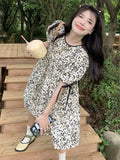 Patcute  Dress Women Print Daily Loose Puff Sleeve Vintage Girlish Students Comfortable Designer Kawaii Korean Style Elegant Summer Chic