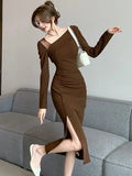 Patcute 2024 Solid Vintage V-Neck Sexy Side Slit Long Dress Autumn Winter Long Sleeve Bodycon Vestidos Women Elegant Casual Party Dress