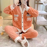 Patcute  Autumn Winter Coral Fleece Pajama Sets Women Single Breasted Turn-down Collar Home Suit Female Elastic Waist Cartoon Sleepwear