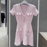 Patcute  Women Knit Short Sleeve Pink Dress for Women Vintage V-neck Four Pocket Loose Dresses Diamonds Button Mini Vestidos