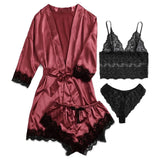 Patcute  Women' Silk Satin Pajamas Set 4pcs Lingerie Floral Lace Sleepwear With Robe Nightgown Long