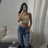 Patcute Ribbed Twist Knit Tank Top Women Sexy Off Shoulder Cropped Tops Summer Y2K Fashion Sleeveless Sweater Pullover Holidays Tee 2024