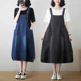 Patcute  Summer Black Blue Vintage A-line Dress Sleeveless Casual Vintage Denim Dress Pockets Overall Midi Jeans Dress Femme Sexy