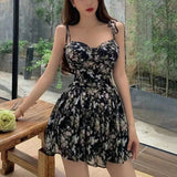 Patcute  Retro Floral Dresses Women Sexy Slim Spaghetti Strap Lace Up Mini Dress Female Summer Holiday Beach Backless Empire Sundress