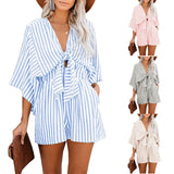 Patcute  Womens Sexy Strappy V-neck Romper Summer Loose Stripe Playsuit Ladies Fashion Holiday Pants Beach Lace Up Jumpsuit Ropa Mujer