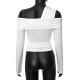 Patcute Sexy Cut Out T-shirts for Women Fashion One Shoulder Long Sleeve Slim Tops Autumn Solid Basical T-shirts 2024 White Streetwear