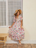 Patcute Sexy V Neck Beach Dress Woman Bodycon Short Sleeve Maxi Dress Elegant Pleated Pink Floral Long Summer Dresses For Women 2024