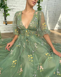 Patcute  Romantic Vintage Green Prom Dress Princess Puff Long Sleeve Floral Embroidery Women Evening Dress Cocktail Girls Birthday Outfit