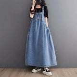 Patcute  Spring Summer Women Denim Suspender Long Skirt Loose Casual Punk Vintage Style Cargo Female Popular Large Swing Dress Z691