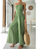 Patcute Waist Folds Backless Double Strap Casual Wide Leg Jumpsuit Long Pants Green 2024 New Female Loose  Jumpsuit