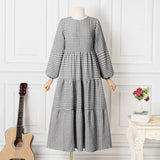 Patcute New Plaid Long Sleeves Elastic Sleeves Round Neck Loose Waist Casual Muslim Dress