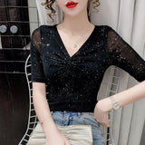 Patcute Short-sleeved Women Mesh T-shirt Summer Shiny bottoming top Casual Bright Silk Pleated Black Shirt blusa feminina