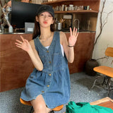 Patcute Sleeveless Dress Women Streetwear Single Breasted Pockets V-neck Denim Females Mini Dresses A-line Pleated Vintage Korean Style