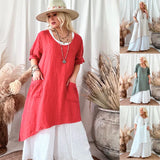 Patcute  Elegant Cotton Long Dress Fashion New Splice Contrast O-Neck Long Sleeve Irregular Hem Dresses Casual Loose Oversize Dress