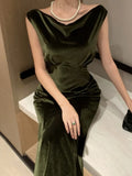 Patcute Elegant Velvet Dress Women Sleeveless V-neck Wrap Hip Slim Mermaid Evening Party Prom Vestidos Mujer Solid Fashion Sexy Robe New