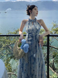 Patcute Retro Hanging Neck Chiffon Dress Women'S Summer Flower Language New Chinese Vacation Style Fragmented Flower Long Dress