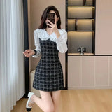 Patcute  Women Spring Autumn Plaid Mini Dress 2024 New Korean Lady Patchwork Fake Two Piece Dresses Slim Clothing Female