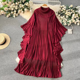 Patcute  Batwing Sleeve o-Neck Oversized Skirt Hem Chiffon Dress 2024 Spring New Women's Design Feeling Pleated Dress Trend Long Skirt