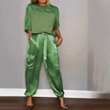 Patcute  Elegant Satin Two Piece Set Women Outfits Spring Summer Casual Solid O Neck Shirt Long Pants Tracksuit Fashion Female Loose Suit